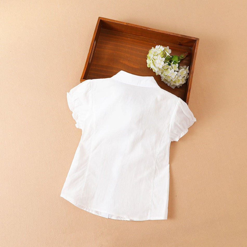 Girls Cotton Bow Lapel Shirt Short Sleeve Korean Style Top