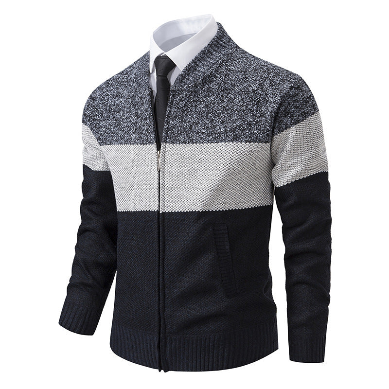Men's Fleece-Lined Knit Cardigan Jacket Stand Collar Sweater in Wine Red
