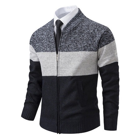Men's Fleece-Lined Knit Cardigan Jacket Stand Collar Sweater in Wine Red