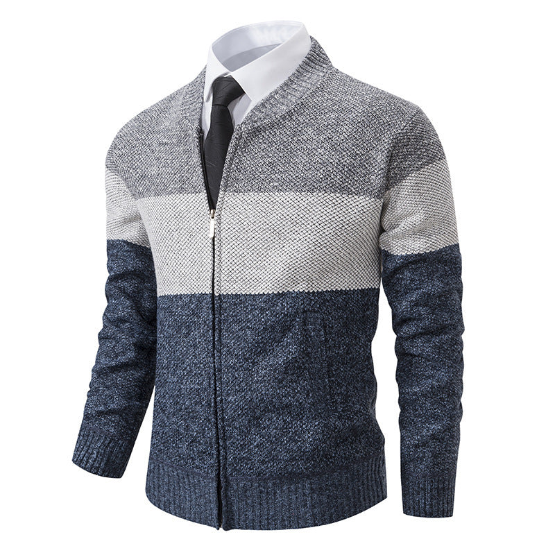 Men's Fleece-Lined Knit Cardigan Jacket Stand Collar Sweater