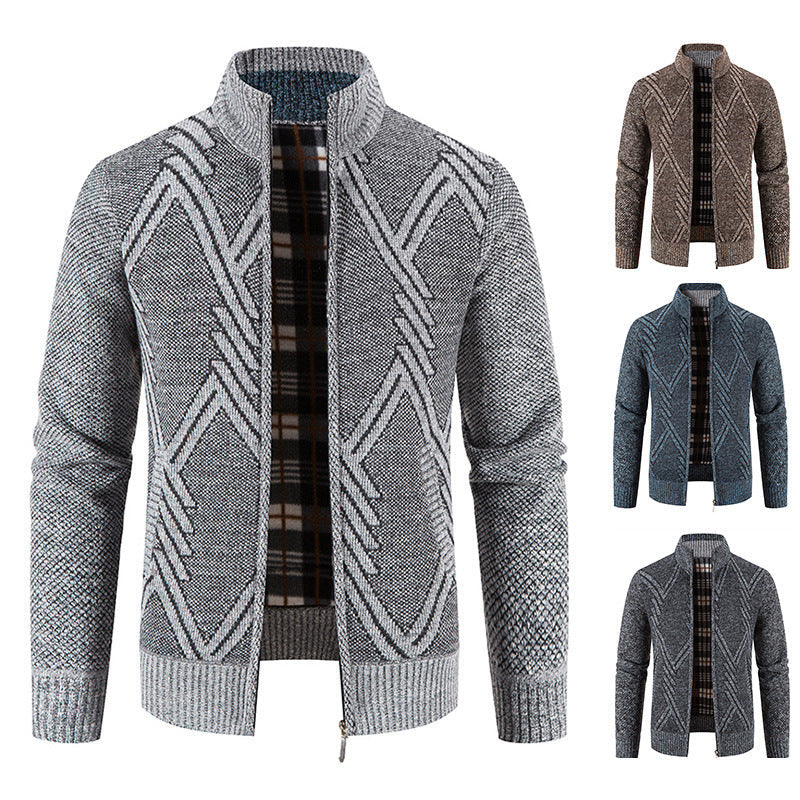 Men's Fleece-Lined Diamond Knit Zip Cardigan Sweater Jacket