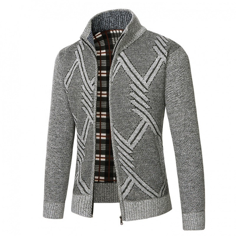 Men's Fleece-Lined Diamond Knit Zip Cardigan Sweater Jacket in Gray
