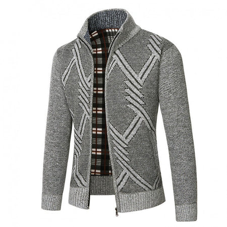 Men's Fleece-Lined Diamond Knit Zip Cardigan Sweater Jacket in Gray