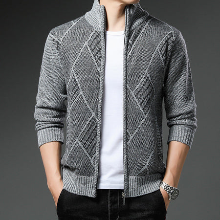 Men's Fleece-Lined Knit Cardigan Jacket Striped Stand Collar in Brown