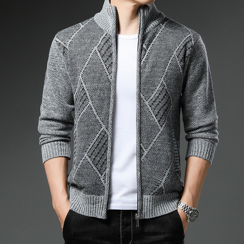 Men's Fleece-Lined Knit Cardigan Jacket Striped Stand Collar in Brown