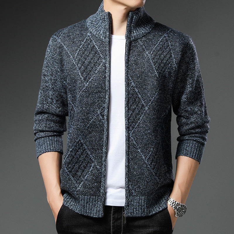 Men's Fleece-Lined Knit Cardigan Jacket Striped Stand Collar