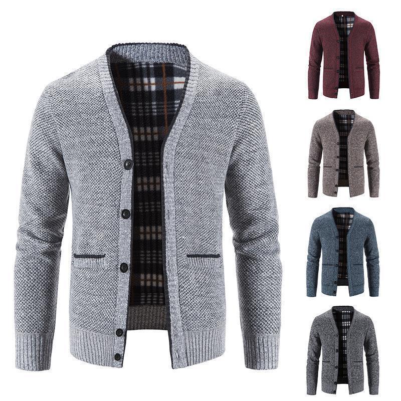 Men's Thick Knit V-Neck Cardigan Sweater Casual Jacket in Light Gray
