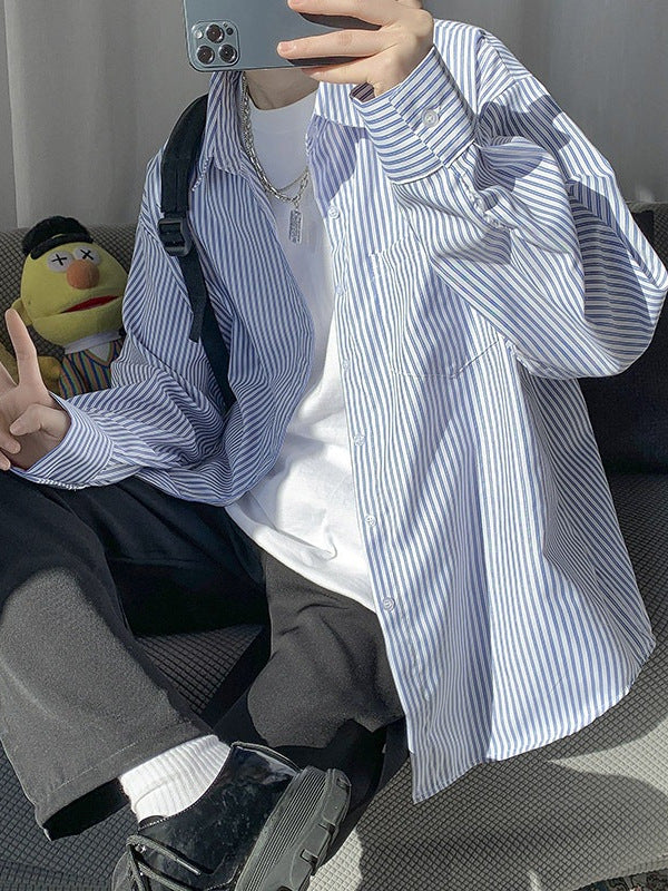 Men’s Blue White Striped Long Sleeve Casual Summer Shirt