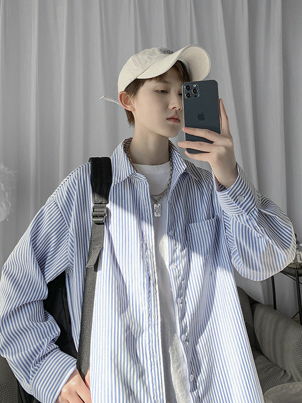 Men’s Blue White Striped Long Sleeve Casual Summer Shirt