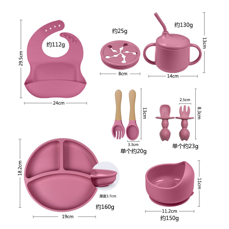9-Piece Baby Silicone Feeding Set Spoon Bowl Bib Plate