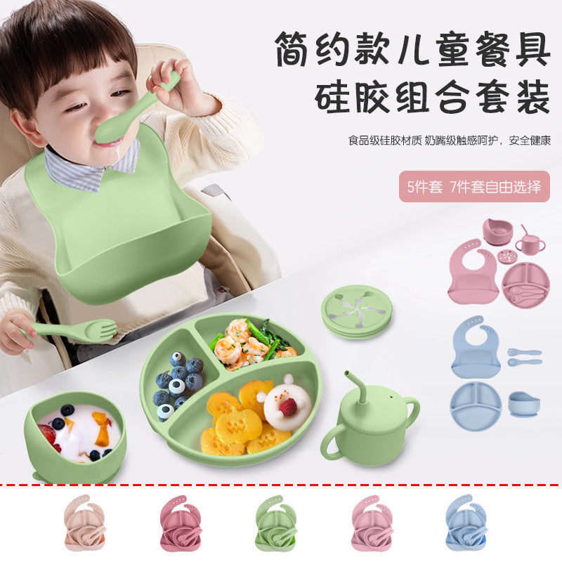 Baby Silicone Feeding Set 7 Piece Tableware Bowl Spoon Bib Set