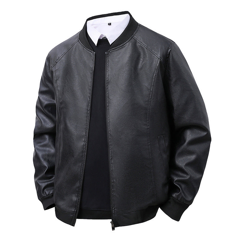 Men PU Leather Slim Fit Baseball Collar Jacket Retro Style in Black