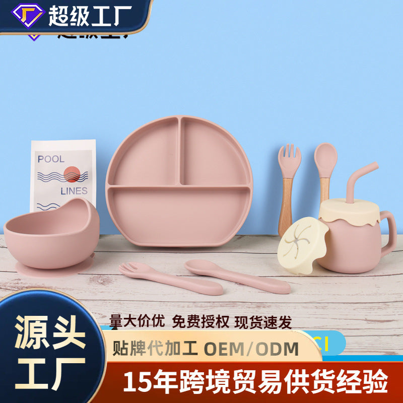 Baby Silicone Feeding Set 6-Piece Divided Plate Bib Spoon Cup Set