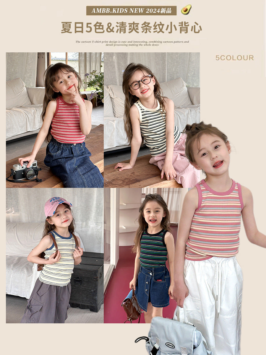 Kids Cotton Spandex Striped Sleeveless Vest Summer Top