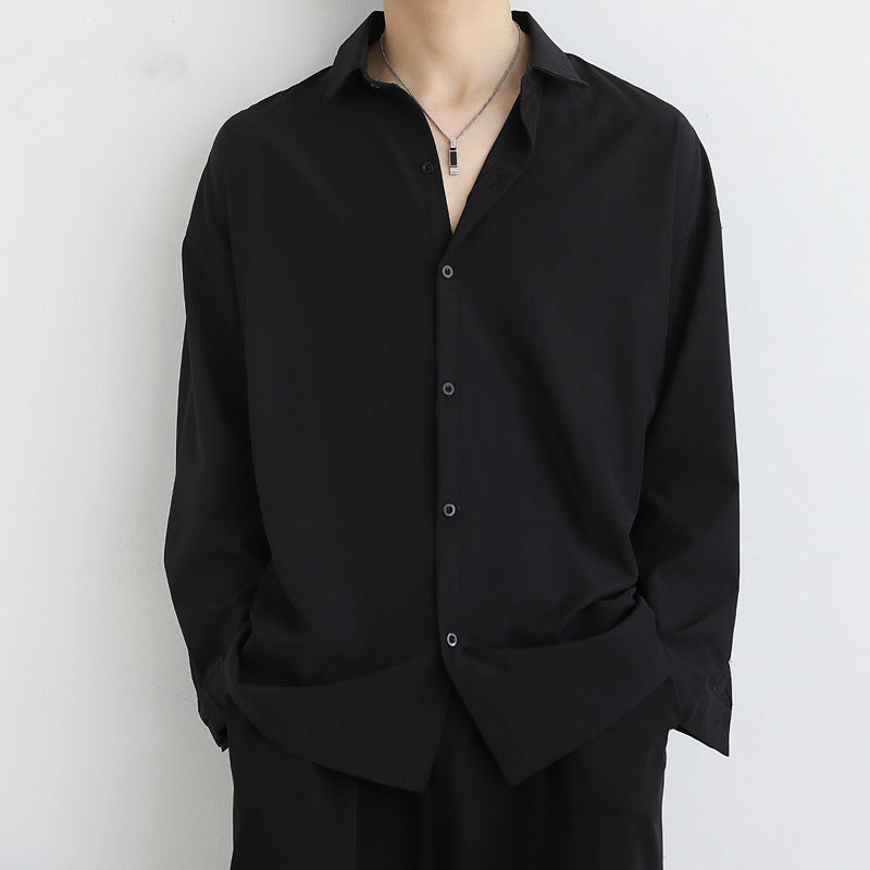 Men Ice Silk Draped Loose Black Long Sleeve Casual Shirt Spring