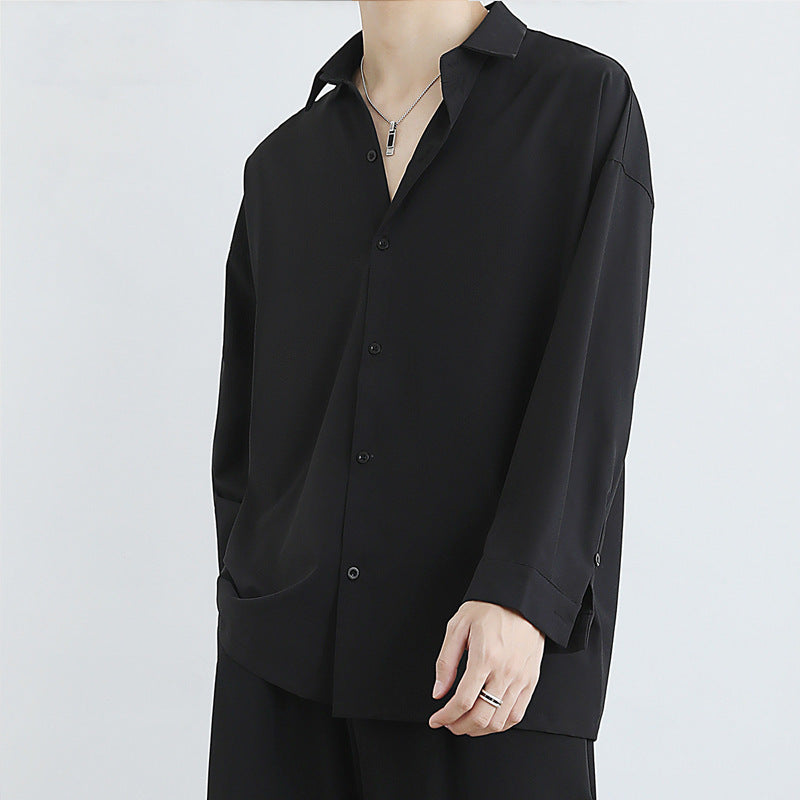 Men Ice Silk Draped Loose Black Long Sleeve Casual Shirt Spring