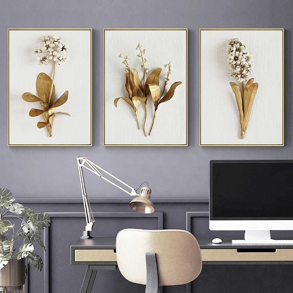 Simple Modern Golden Leaf Flower Wall Art for Light Luxury Home Decor