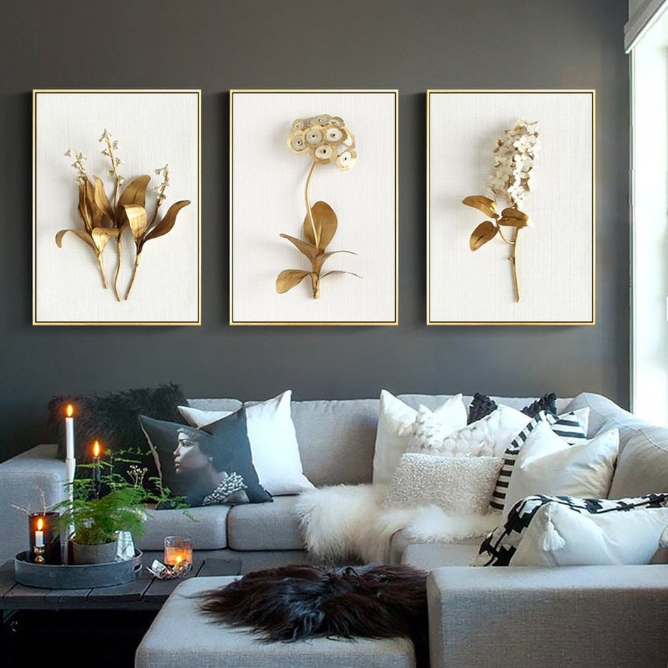 Simple Modern Golden Leaf Flower Wall Art for Light Luxury Home