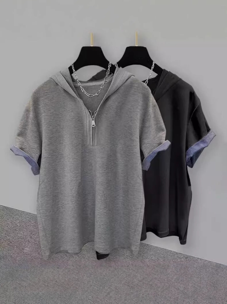 Men’s Zipper Hooded Short Sleeve Casual Streetwear T-Shirt