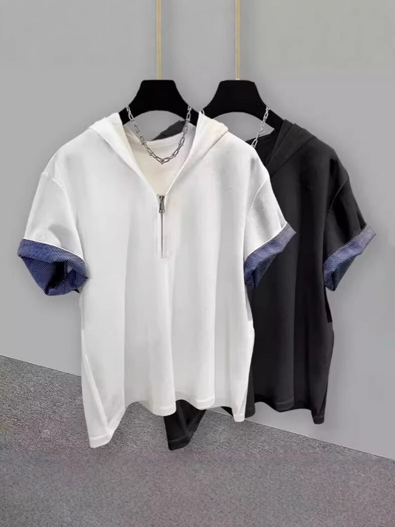 Men’s Zipper Hooded Short Sleeve Casual Streetwear T-Shirt