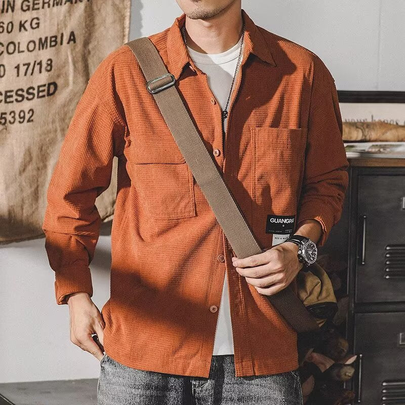 Men’s Retro Waffle Knit Work Shirt Jacket Loose Fit Casual