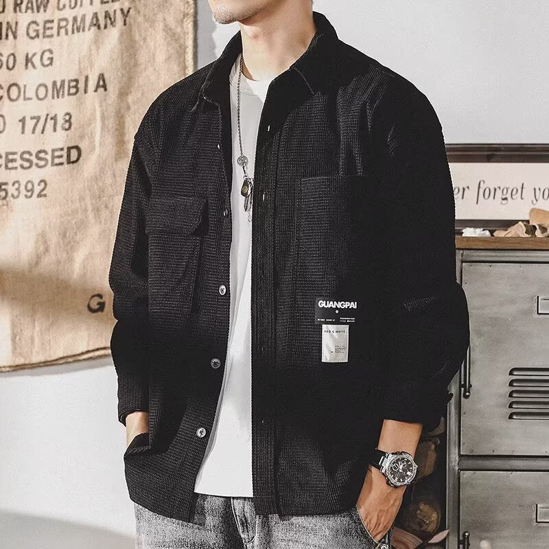 Men’s Retro Waffle Knit Work Shirt Jacket Loose Fit Casual