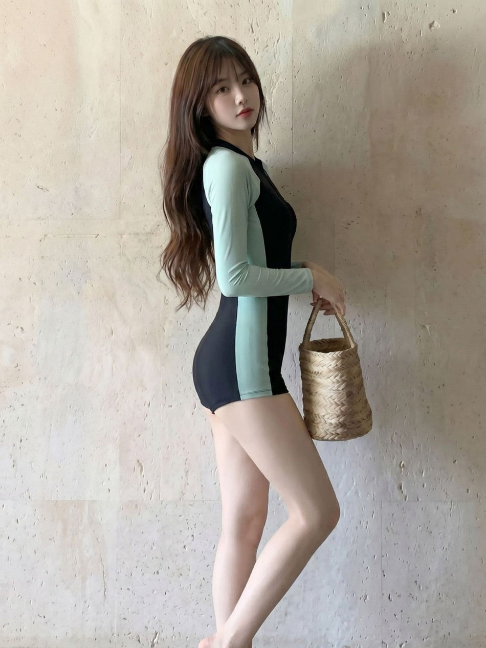 Women's Color Block Long Sleeve One Piece Swimsuit Sport Swimwear