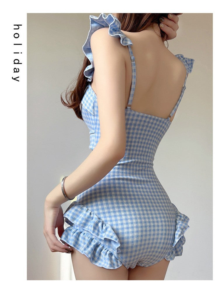 Women's Blue Plaid One Piece Swimsuit Fresh Style Vacation