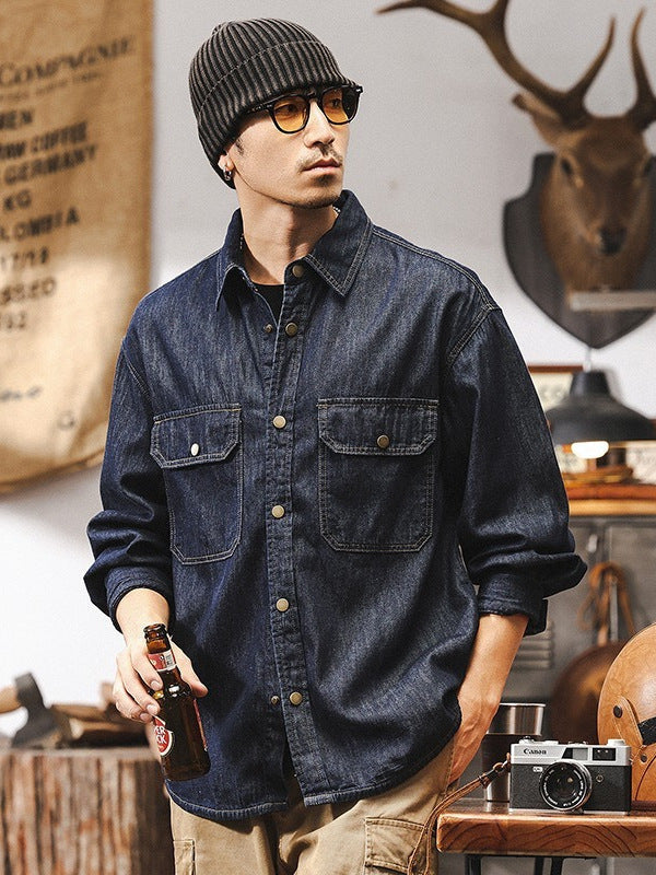 Men’s Vintage Raw Denim Shirt Jacket Contrast Stitch Workwear