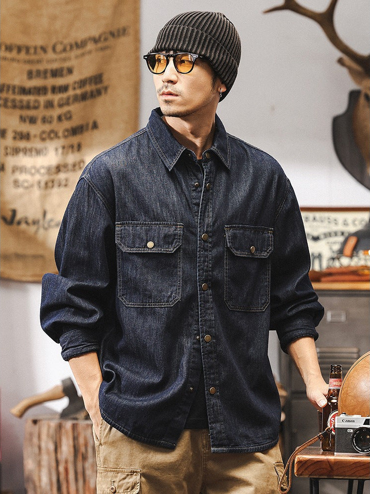 Men’s Vintage Raw Denim Shirt Jacket Contrast Stitch Workwear