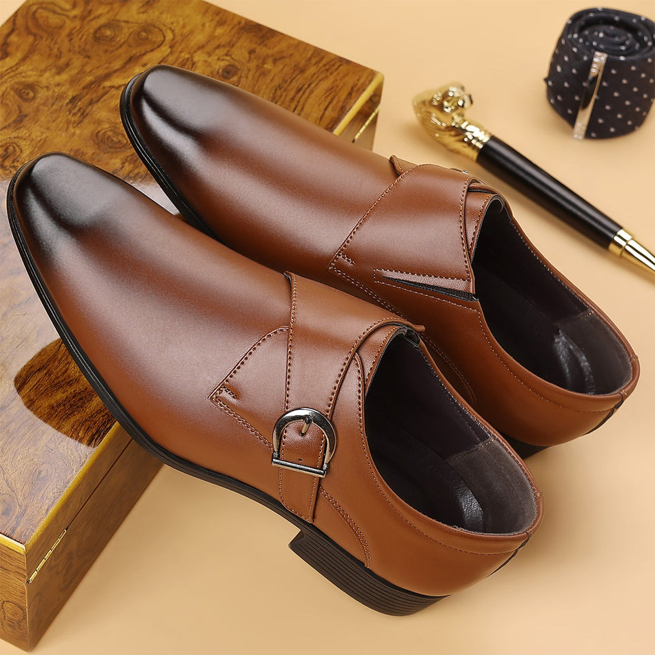 Men's Slip-On Business Loafers with Metal Buckle Square Toe