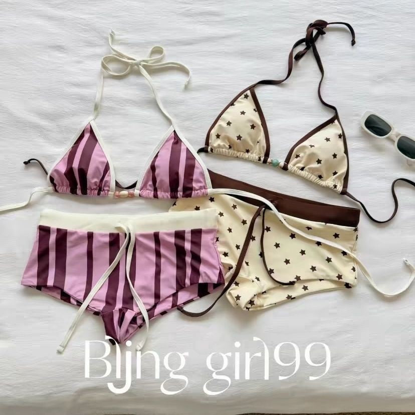 Women's Striped Three Piece Bikini Set with Long Sleeve Cover Up