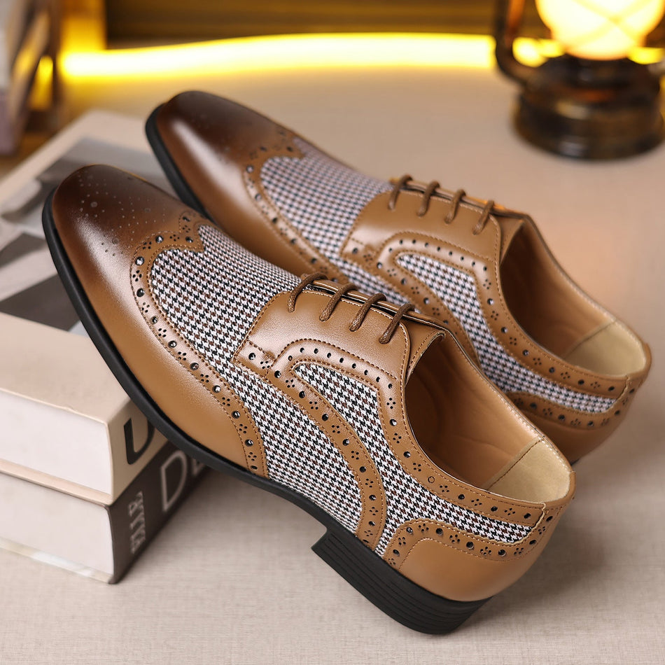 Men's Houndstooth Lace-Up Loafers Fashion Business Casual Shoes