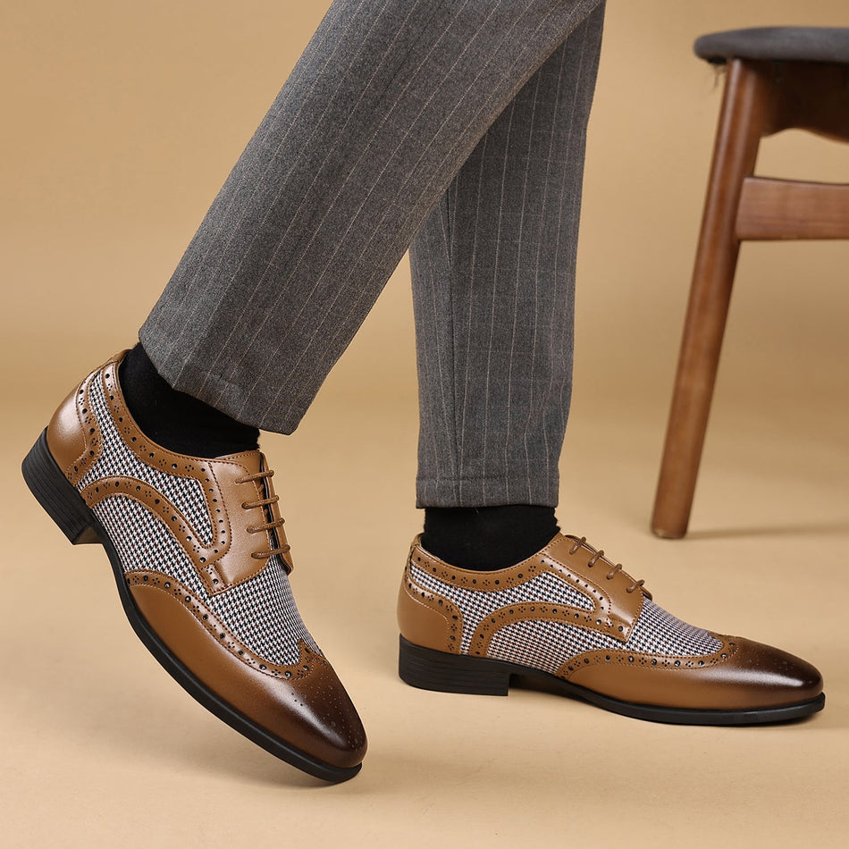 Men's Houndstooth Lace-Up Loafers Fashion Business Casual Shoes