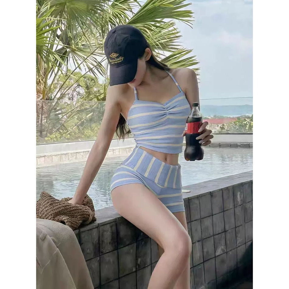 Women's Striped Three Piece Swimsuit Set with Sun Cover Up