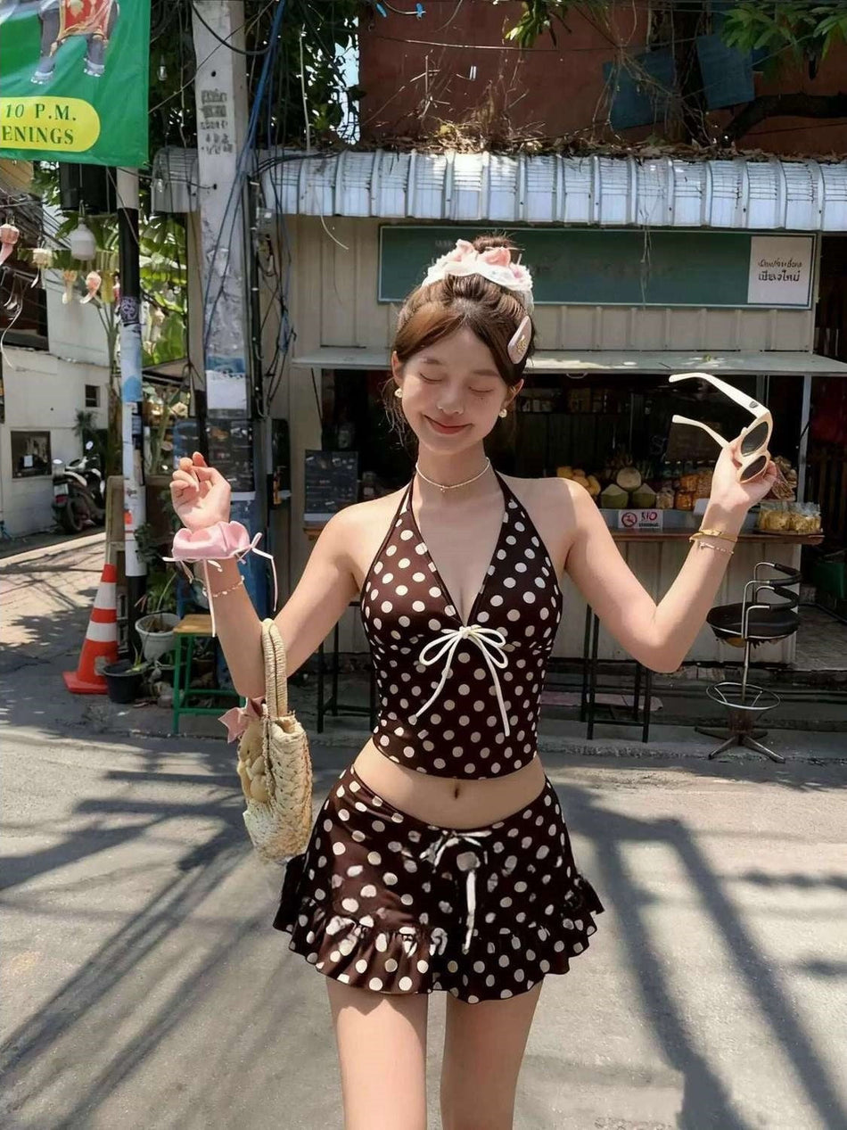 Women's Polka Dot Off Shoulder Bikini Set with Skirt