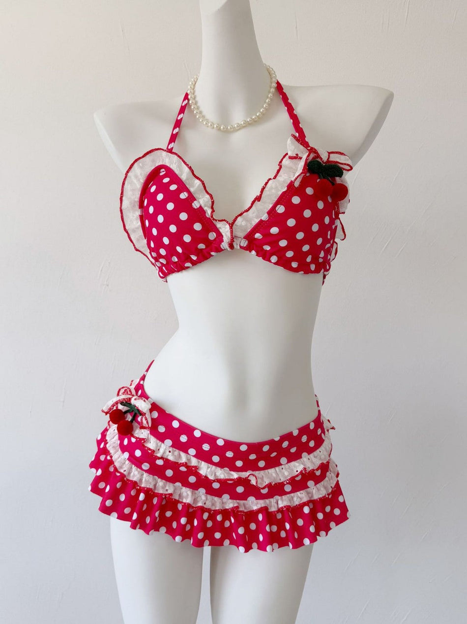 Women's Polka Dot Off Shoulder Bikini Set with Skirt