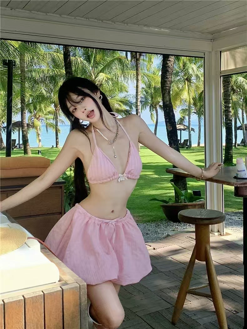 Women's Striped Three Piece Bikini Set with Skirt Swimwear