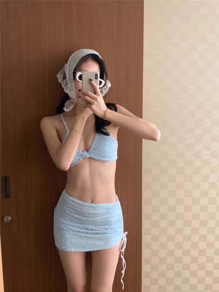 Women's Polka Dot Three Piece Bikini Set with Skirt Swimwear