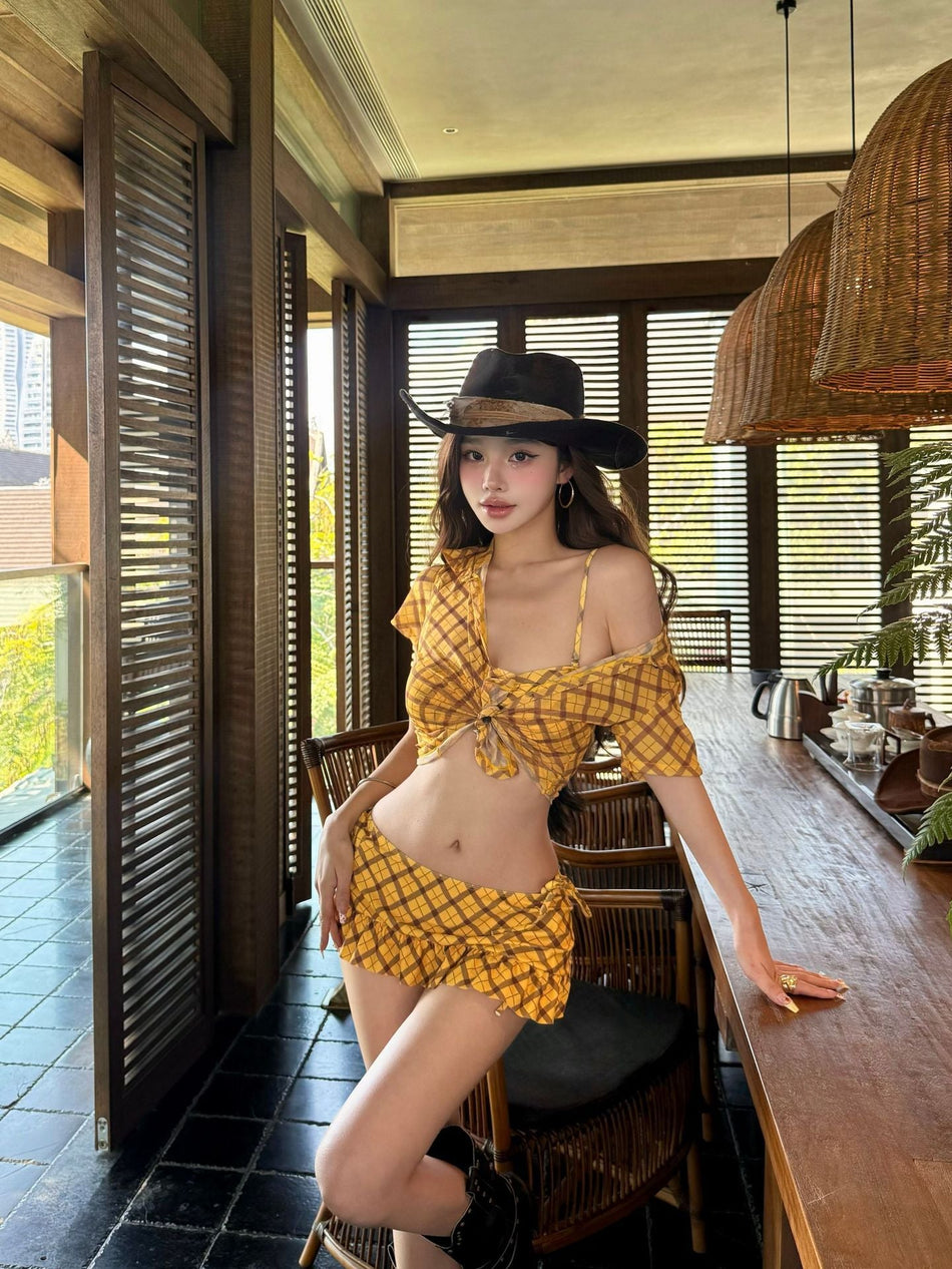 Women's Plaid Four Piece Bikini Set with Cover Up and Skirt