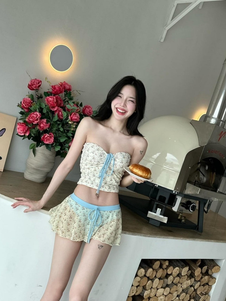 Women's Floral Strapless Swim Dress Set Elegant Vacation Swimwear