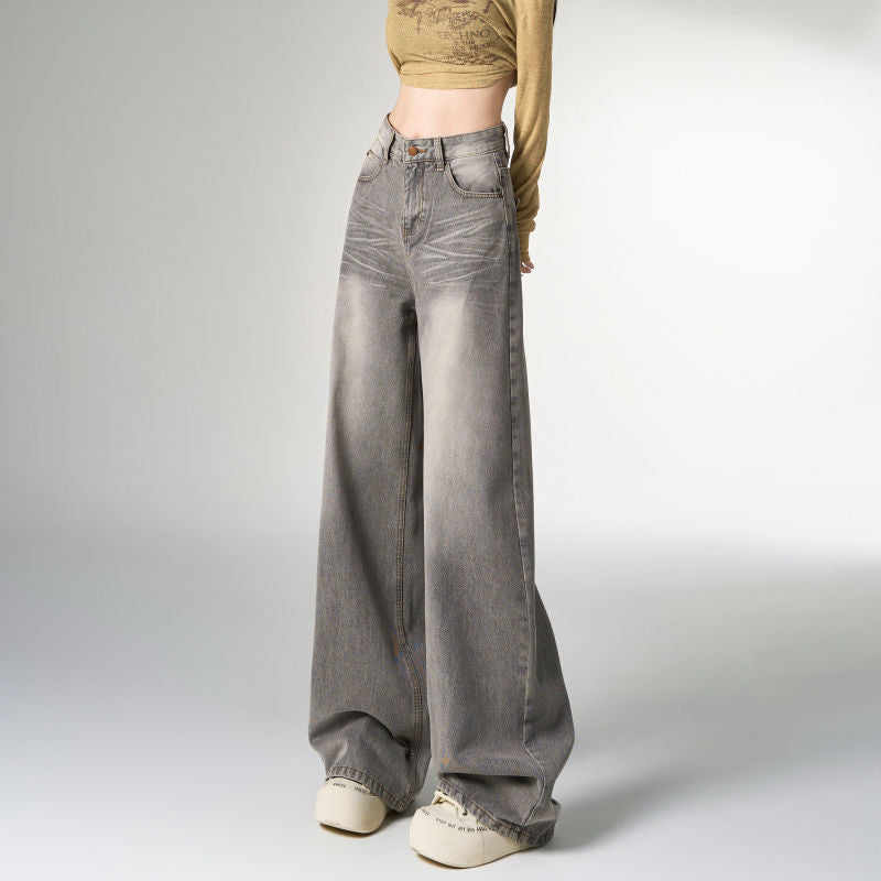 Women's High Waist Mocha Grey Wide Leg Denim Straight Jeans
