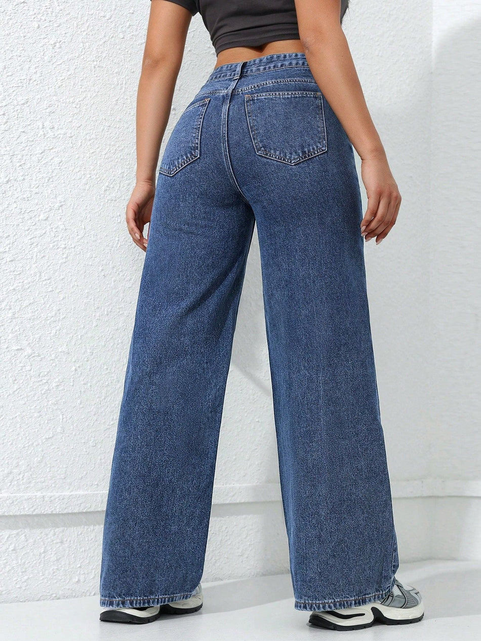 Women's Washed Wide Leg Floor Length Denim Jeans Casual Fit
