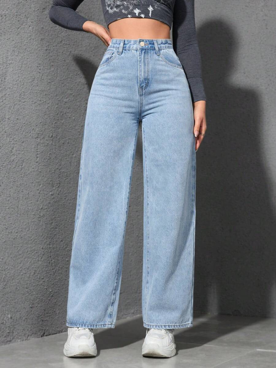 Women's Light Blue Washed Wide Leg High Waist Denim Jeans