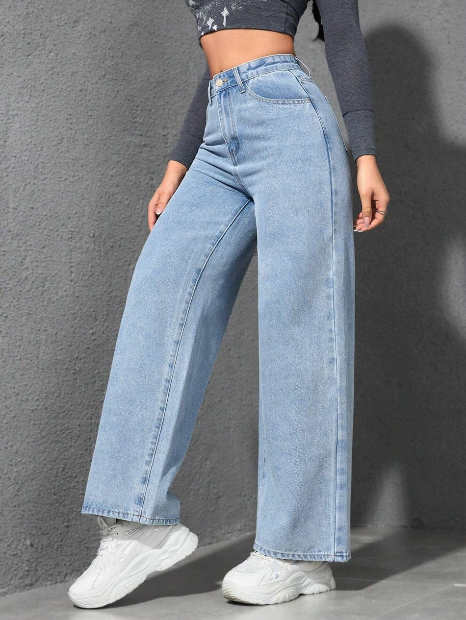 Women's Light Blue Washed Wide Leg High Waist Denim Jeans