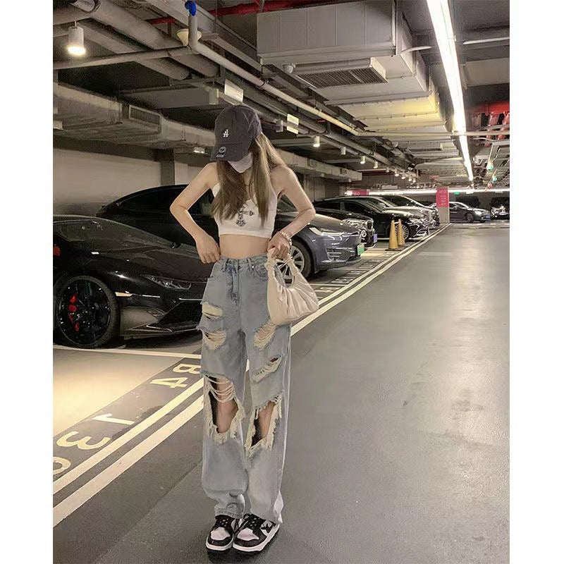Women's High Waist Ripped Straight Wide Leg Denim Jeans