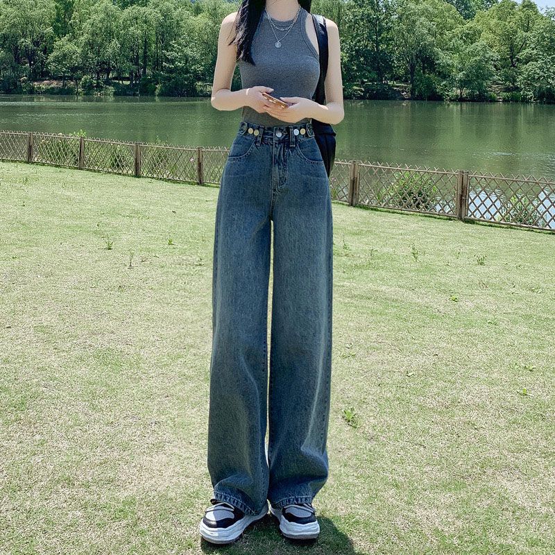 Women's High Waist Wide Leg Vintage Blue Denim Jeans Casual Fit