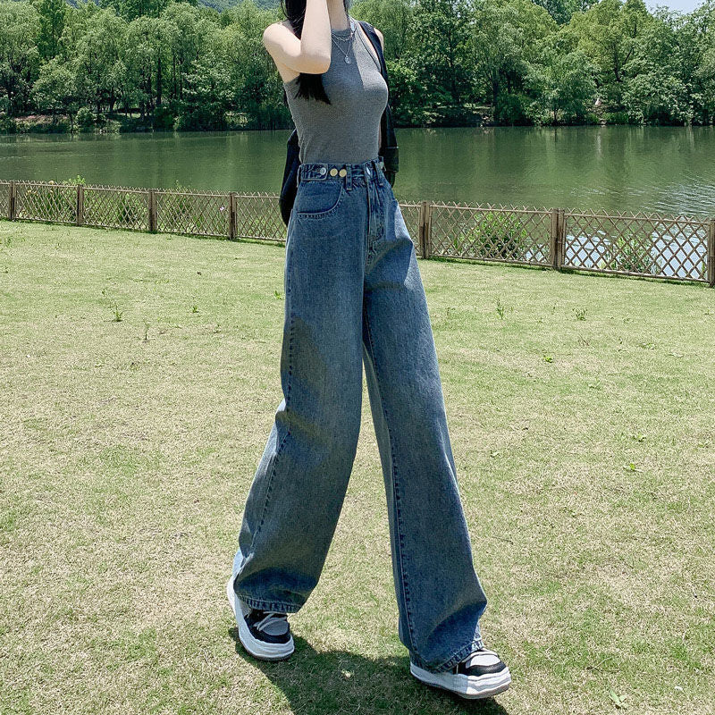 Women's High Waist Wide Leg Vintage Blue Denim Jeans Casual Fit