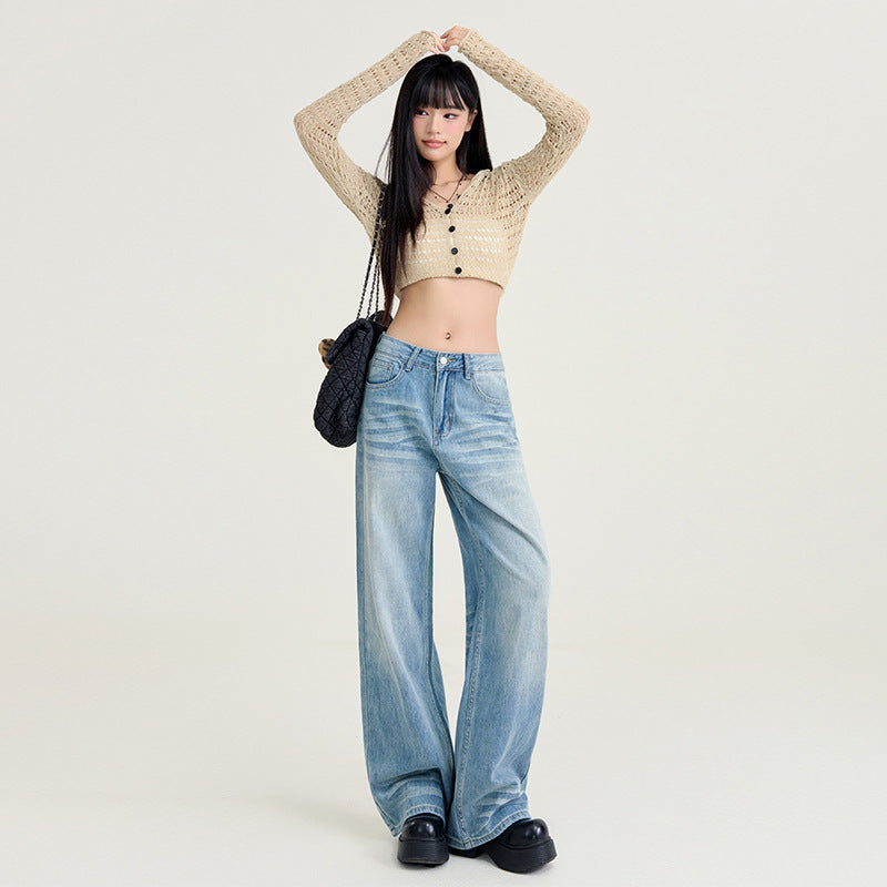 Women's High Waist Light Blue Wide Leg Denim Jeans Casual Fit