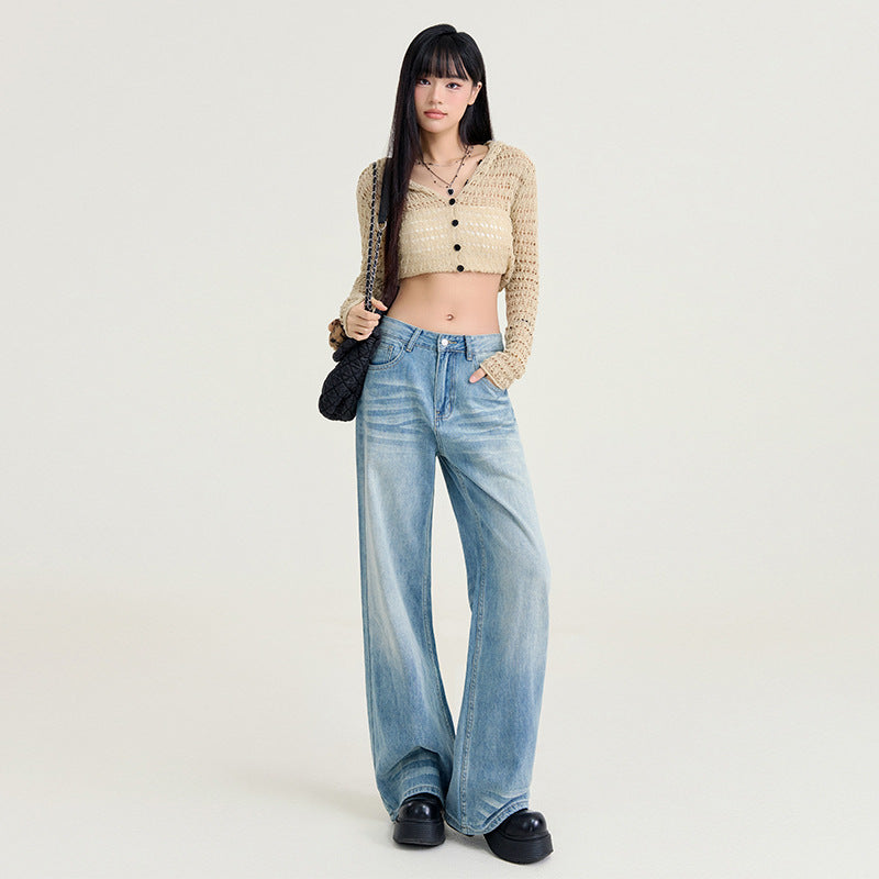 Women's High Waist Light Blue Wide Leg Denim Jeans Casual Fit